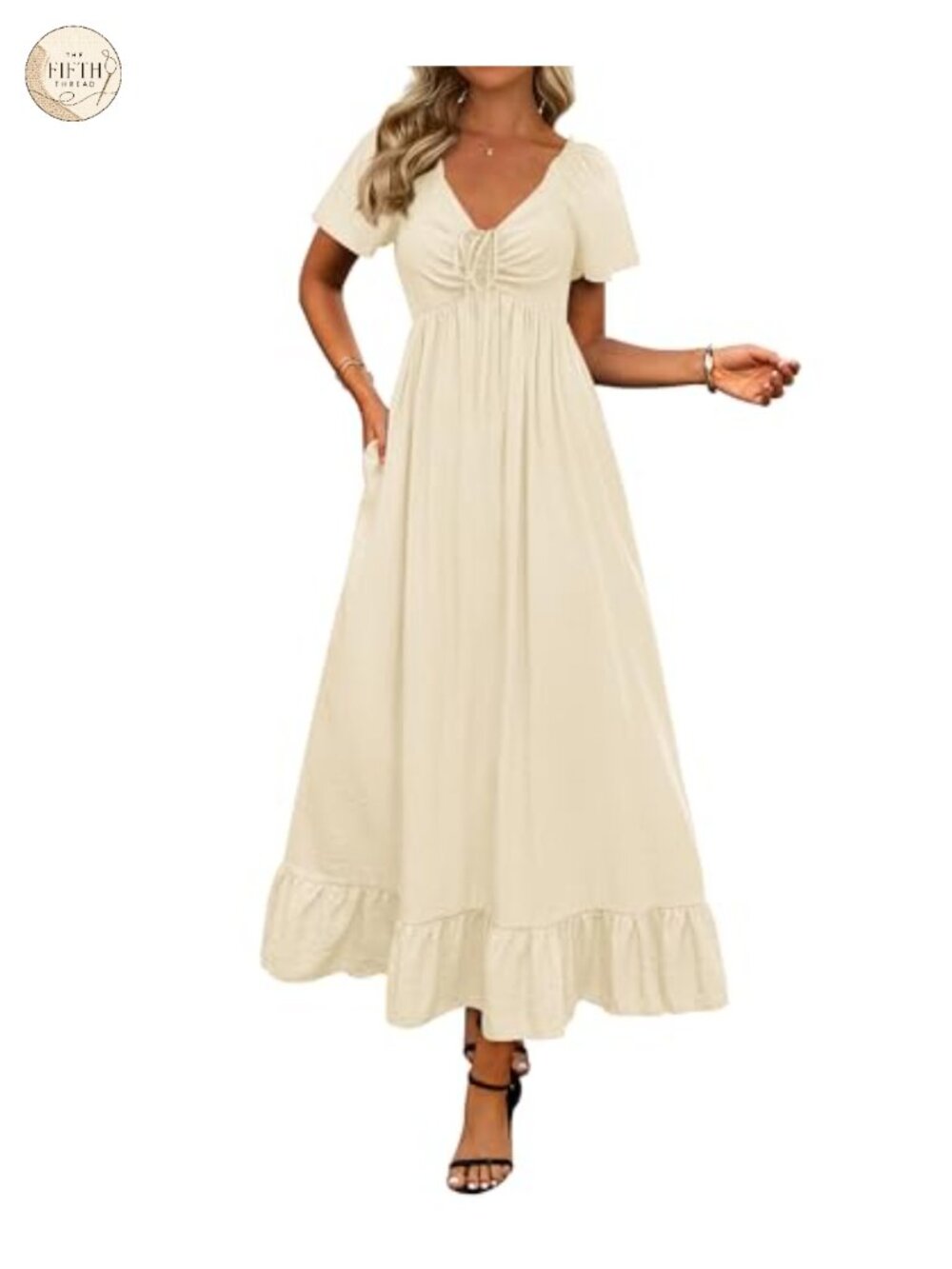 Womens Maxi Dress V-Neck Short Sleeve Smocked Back Flowy A-Line Wedding Guest